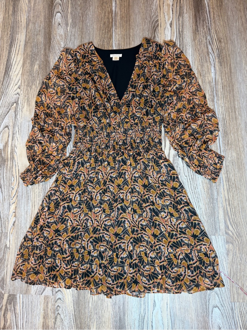 Shoshanna Smocked Waist Black/Brown Floral V-Neck Dress Long Sleeve Size 8 - Picture 7 of 10